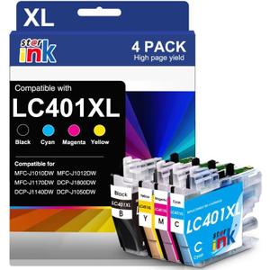 LC401XL LC401 Ink Cartridges Replacement for Brother Ink Cartridges LC401 XL Compatible for Brother MFC-J1010DW MFC-J1170DW MFC-J1012DW MFC-J1800DW Printer(Black Cyan Magenta Yellow, 4 Pack)