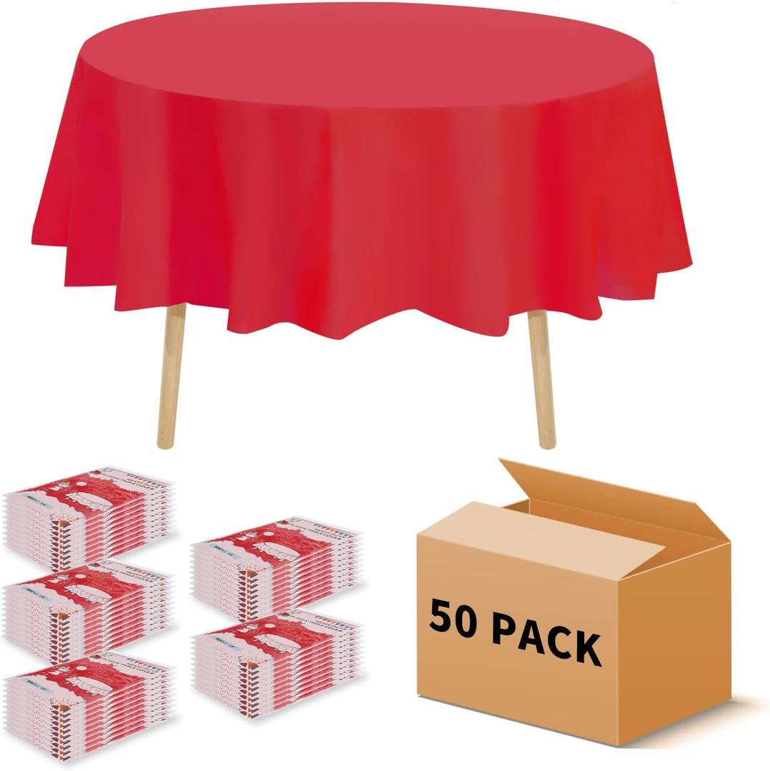 50 Pack Premium Disposable Plastic Tablecloth 84" Round Disposable Heavy Duty Table Cover for Party Birthday Wedding Christmas (Red, Round) 50 Pack Premium Disposable Plastic Tablecloth 84" Round Disposable Heavy Duty Table Cover for Party Birthday Wedding Christmas (Red, Round)