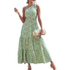 PRETTYGARDEN Women's Summer Floral One Shoulder Maxi Dress Knot Ruffle Boho Beach Vacation Wedding Guest Long Sun Dresses (Medium, Green White)