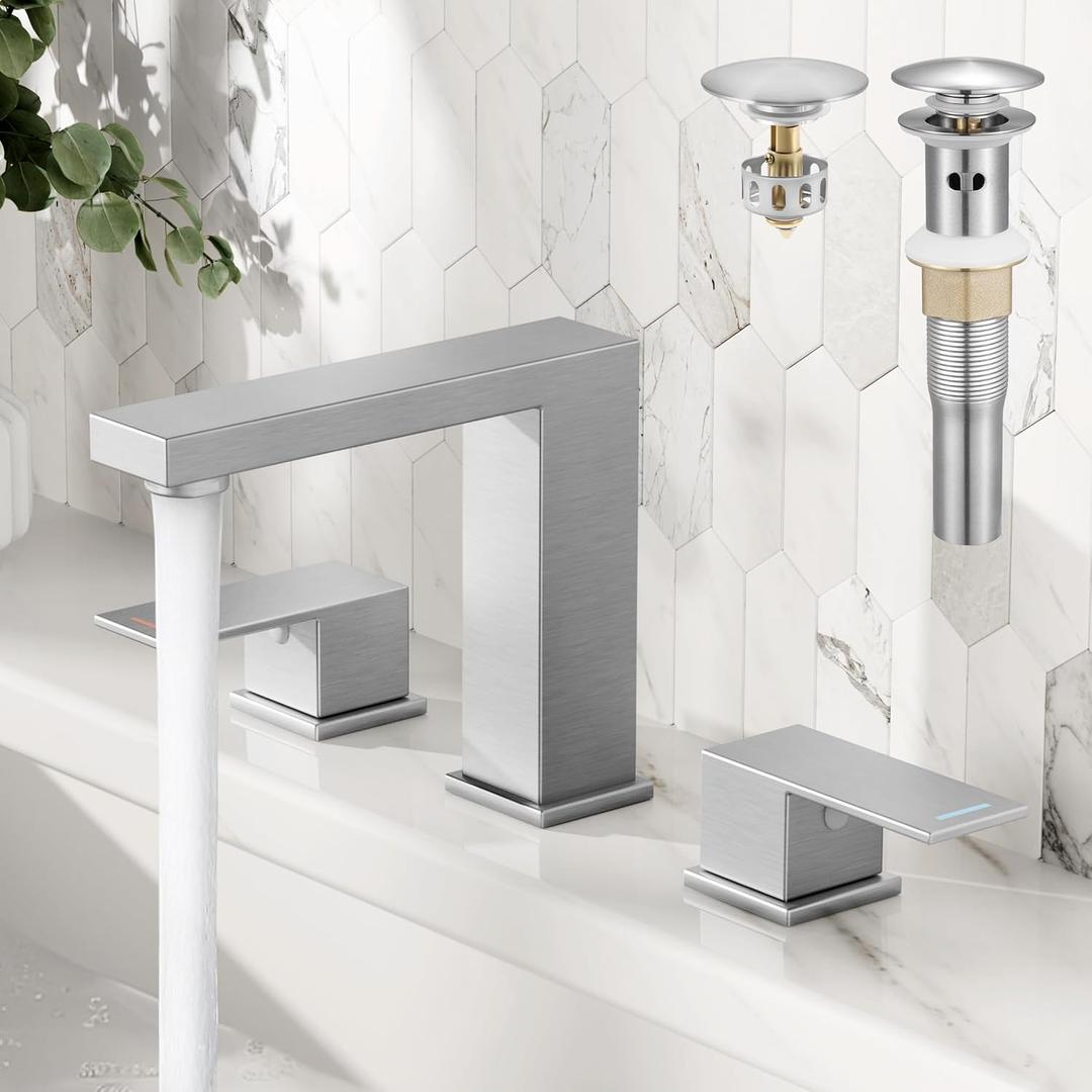KES Brushed Nickel Bathroom Faucet 3 Hole, 8-Inch Widespread Bathroom Sink Faucet with Metal Bathroom Sink Drain with Overflow, Vanity Faucet with cUPC Supply Line, L4350LFF12-BS-C1