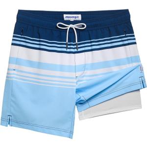 maamgic 2 in 1 Mens Swim Trunks 7 Inch Swim Shorts Swim Suits Board Shorts (X-Large, Blue-white Horizontal Stripe)