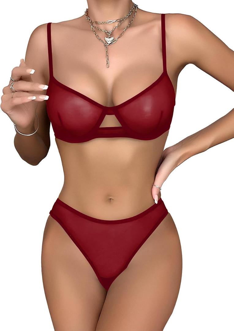 Lilosy Sexy Mesh Sheer Underwire Push Up Lingerie Set Lingerie Set S