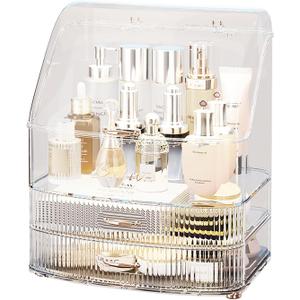 Makeup Organizer Countertop Vanity with Transparent Lid Drawers Waterproof Dustproof Cosmetic Skincare Bathroom Storage Gift for Women Teens Girls (Clear Whtie) (Large)
