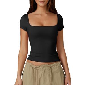 QINSEN Women's Square Neck Short Sleeve Double-Layer Tops Basic Slim Fit Going Out T Shirt (X-Large, Black)