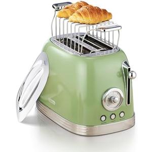Wiltal Green Cute Retro Toaster 2 Slice with 1.58" Wide Slots, with Stainless Steel Lid, with Warming Rack, Preheat, Defrost, Countdown Timer Display