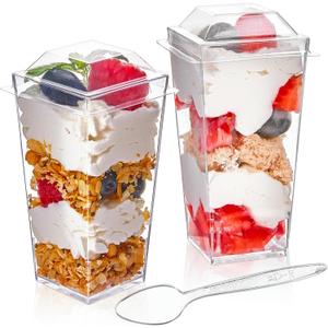 Qeirudu 3 oz Mini Dessert Cups with Lids and Spoons, 50 Pack Plastic Parfait Cups Dessert Shooter Cups for Individual Appetizers Mousse Trifle