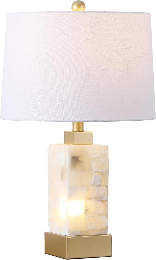 JONATHAN Y 23" Gold/White 2-Light Alabaster Rectangular Table Lamp with Night Light Modern Coastal Bedside Lamp for Bedroom with White Linen Drum Shade LED Bulbs Included JYL6202A