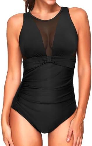 Tempt Me Women One Piece Swimsuit High Neck Plunge Ruched Tummy Control Bathing Suit, L