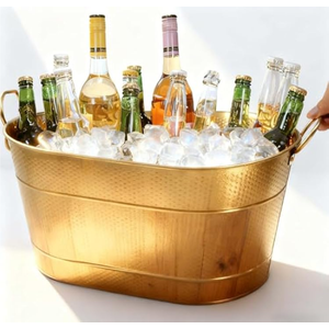 Gold Hammered Beverage Tub, 5Gallon Oval Galvanized Beverage Tub Drink Cooler with Handles – Party Ice Bucket, Holds 12–15 Beer Bottles or 2–3 Wine Bottles – For Weddings, Holidays & BBQ