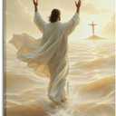 Jesus Walking On Water Poster Canvas Wall Art Religious Ocean Painting Picture Wall Decor Christian Canvas Print Artwork For Living Room Bathroom Bedroom Church Home Decoration12x18inch(30x45cm) (Frame-style)