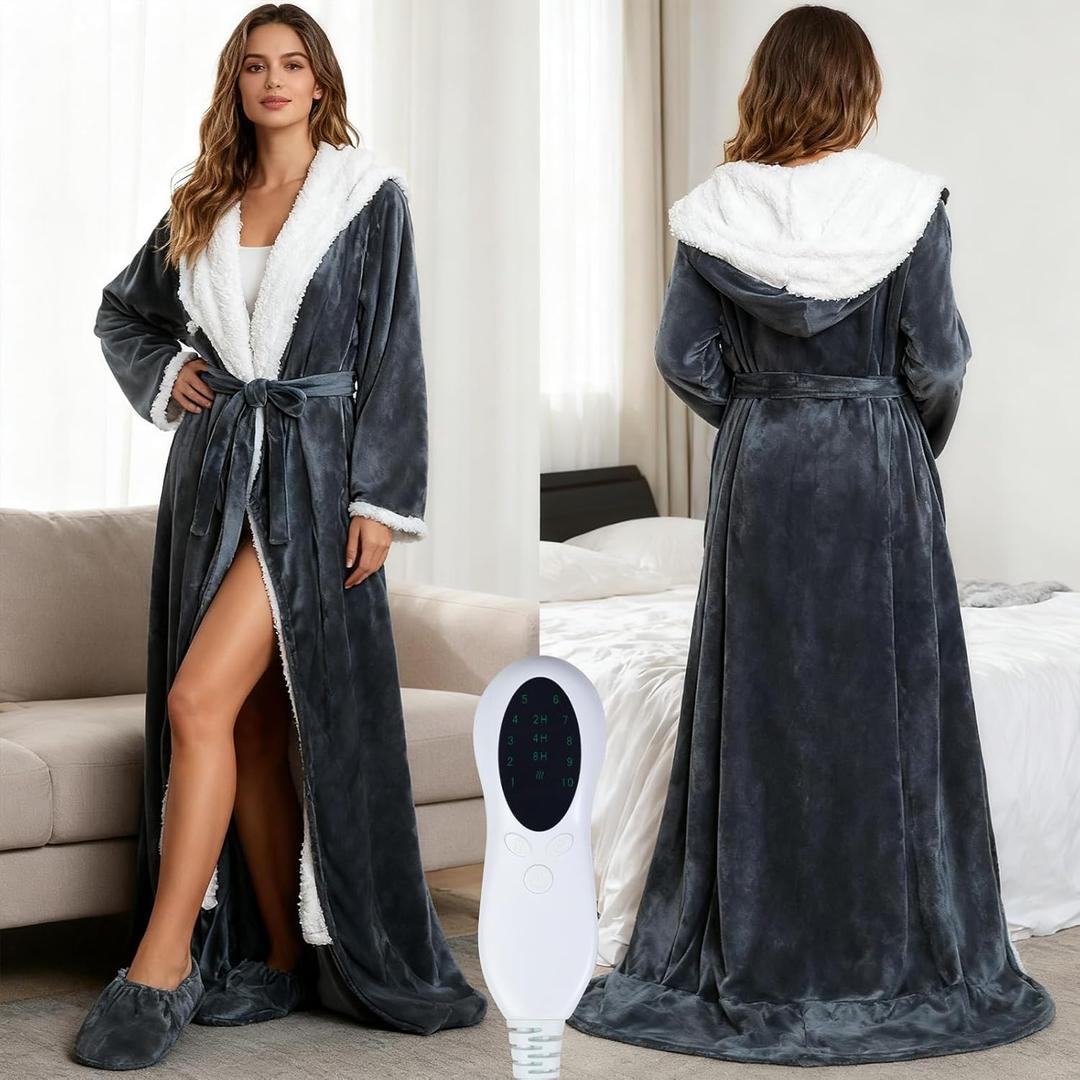 Wearable Heated Blanket with Foot Pocket, Portable Wearable Electric Robe Blankets with Sleeves,Hood 10 Heating 3 Timer Settings (70"*50")