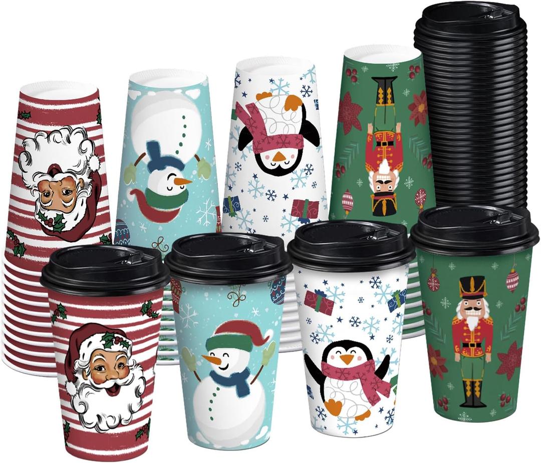 RUSPEPA Disposable Paper Coffee Cups with Lids 16 oz - 48 Pack Snowman and Nutcracker Soldier Design Printed Paper Drinking Cups, Thickened Paper Style for Hot/Cold Beverages, Home, Business and Cafe