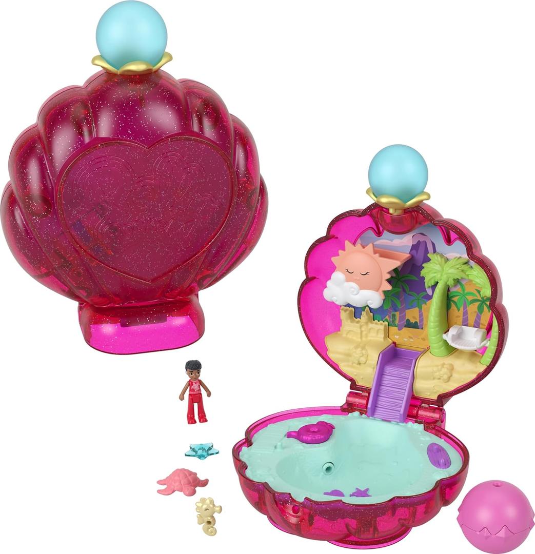 Polly Pocket Dolls & Accessories, Sparkle Beach Shell Compact with Micro Doll & Ocean Pet, Travel Toy with Water Play,
