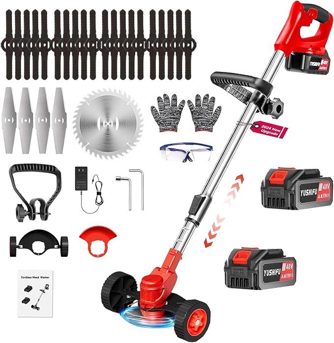 Cordless Weed Wacker, 48V Electric Weed Trimmer Battery Powered with 2 * 2.0Ah Battery & 3 Types Blades, Lightweight 3 in 1 Stringless Grass Trimmer/Lawn Edger/Brush Cutter for Garden Yard Care