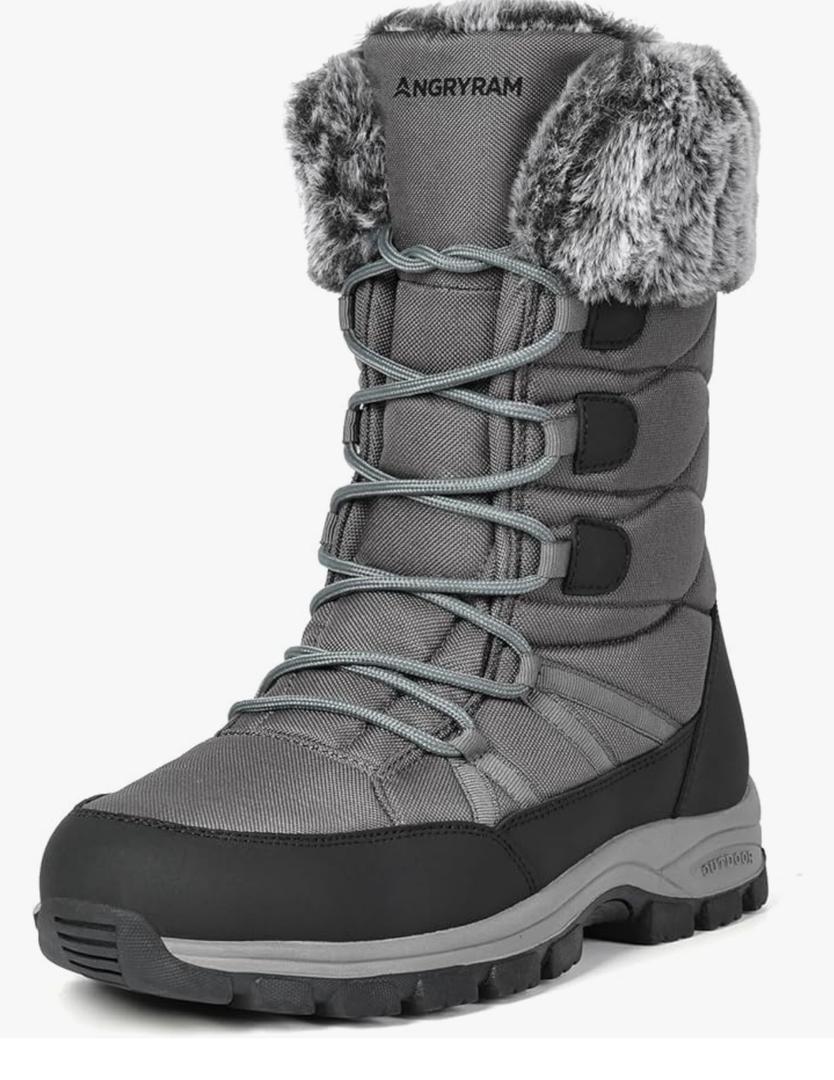 ANGRYRAM Winter Steel Toe Boots for Women Warm Insulated Non Slip Snow Boots Comfortable Work Shoes Mid Calf Faux Fur Furry Snow Shoes for Industry Construction Outdoor Winter, Size 7.5