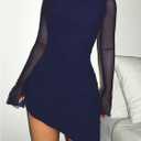 SHENHE Women's Mock Neck Ruched Drawstring Slit Long Sleeve Mesh Sexy Bodycon Mini Dress (Black, XS)