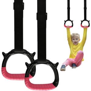 Tepemccu Gymnastics Rings for Kids, Pull Up Rings with Adjustable Straps for Children Home Gym Strength Training, Pink 