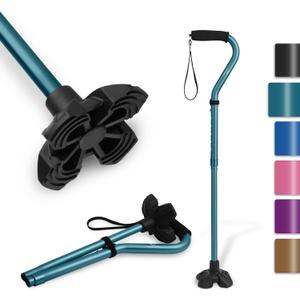 KINGGEAR F1 Walking Stick, Walking Cane for Women & Men with Wrist Strap, Lightweight & Sturdy Offset EVA Handle, Large Quad Base, Self Standing for Seniors and People with Injuries & Recovery (Blue)