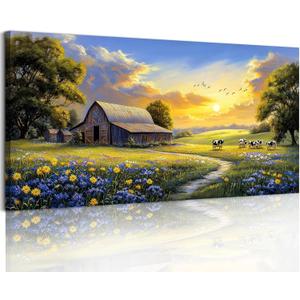 crmotu Rustic Nature Landscape Wall Art, Animal Cow Cottage Large Artwork, Country Meadow Wildflower Canvas Prints, Farm Sunset Aesthetic Pictures Wall Decor Living Room Bedroom Farmhouse 24X48 In