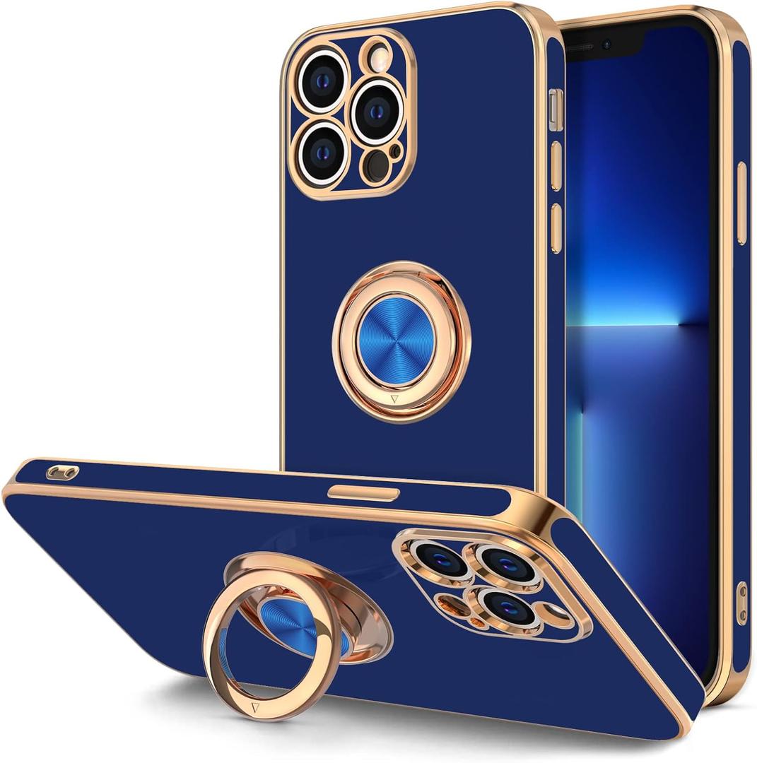 Hython for iPhone 13 Pro Max Case with Ring Stand [360Rotatable Ring Holder Magnetic Kickstand] [Plated Rose Gold Edge] Slim Soft TPU Cover Luxury Protective Phone Case for Women Men, Blue