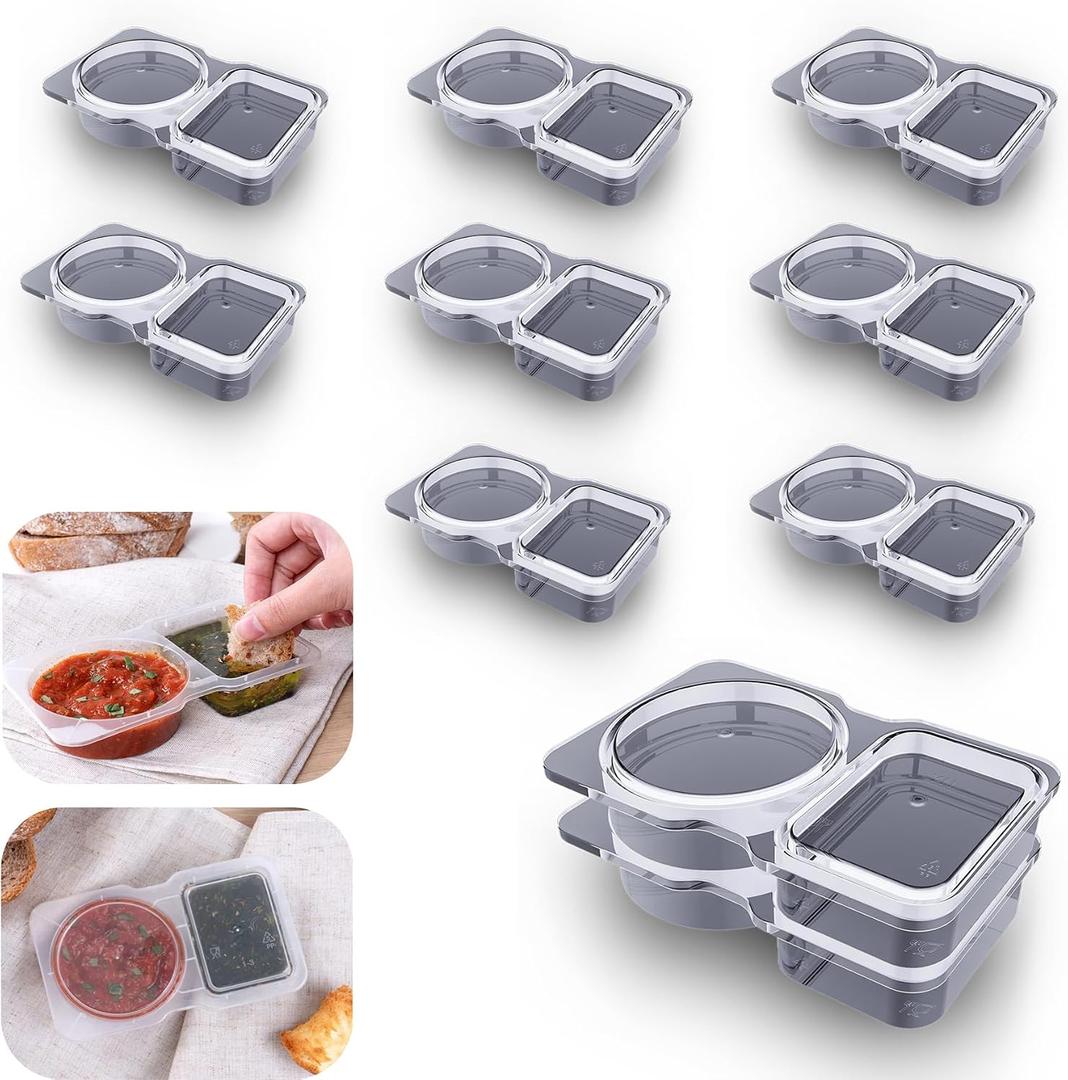 2 x VOUKEN 10Pcs Double Compartment Condiment Container with Lid Double Compartment Snack Containers Double Compartment Snack Containers for to-go Sauce, Sampling, Travel Snack (Transparent 10PCS)