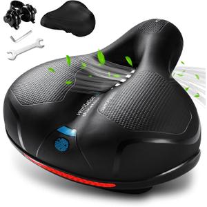 Comfortable Bike Seat, Bike Saddle with Memory Foam Padded, Wide Bicycle Seat with Dual Shock Absorbing and Night Reflective Strips for Men Women (Black+Blue(9.7"L x 8"W x 3.7"H))