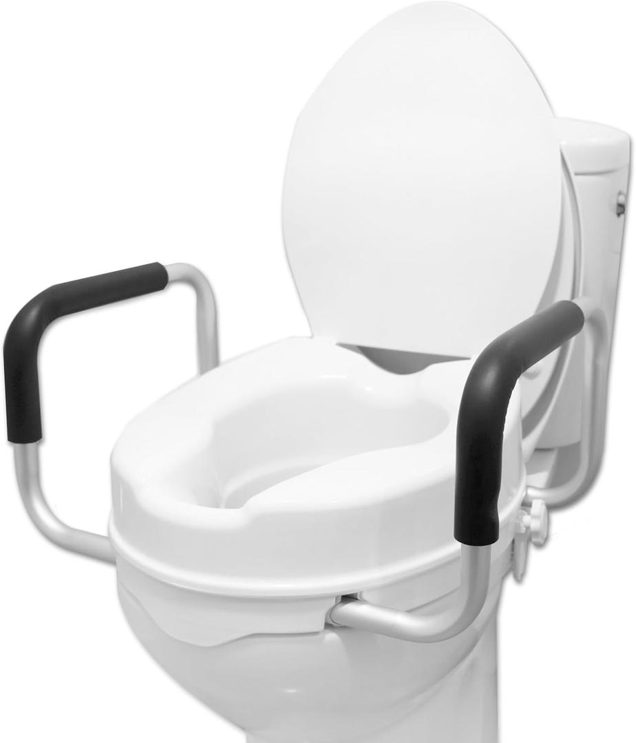 PEPE Mobility - Toilet Seat Riser with Handles 4 inch (Fits Round and Elongated up to 15"), Raised with Lid, Seniors