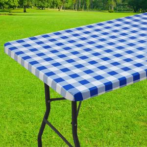 Smiry Rectangle Picnic Table Cloth, Elastic Waterproof Fitted Vinyl Tablecloths, Flannel Backed Buffalo Plaid Table Covers for Dining, Camping, Outdoor (White and Blue, 30" x 72")