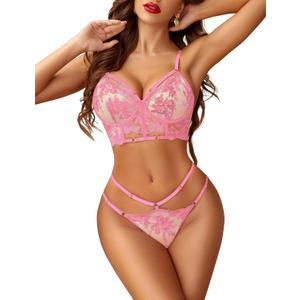Avidlove Sexy Lingerie for Women 2 Piece Lace Lingerie Set with Underwire Bra and Panty Sets (Pink, XL)