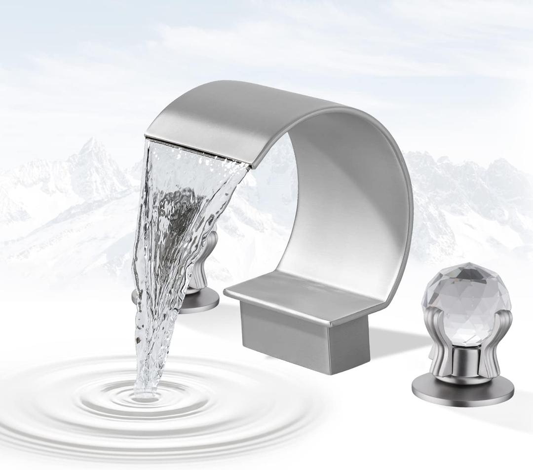 Bathroom Sink Faucet 3 Hole Widespread Waterfall Bathroom Faucets with Crystals Handles Basin Mixer Tap 8-Inch High Arc Vanity Faucet with Supply Hose, Brushed Nickel