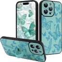 for iPhone 15 Pro Case with Finger Strap Holder, Cute Cool Butterfly Print Pattern Design for Women Men, Shockproof Anti Scratch Hand Kickstand Protective Cover, Green