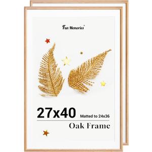 Fun Memories 27x40 Poster Frame, Solid Oak Wood Picture Frames, Modern Photo Frame for Wall 27x40 with 24x36 Mat, High Definition Plexiglass & Wall Hook Included (Beige, 2 Pack)