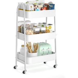 EAGMAK 3 Tier Utility Rolling Cart, Metal Storage Cart with Handle and Lockable Wheels, Multifunctional Storage Organizer Trolley with Mesh Baskets for Kitchen, Living Room, Office, Garage (White) (Normal)
