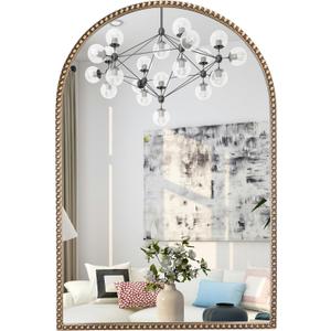 Antique Gold Arched Wall Mirror 20"x30", Ornate Beaded Metal Frame Bathroom Mirror, Vintage Decorative Wall Mirror for Bedroom, Living Room, Entryway, or Vanity Dcor