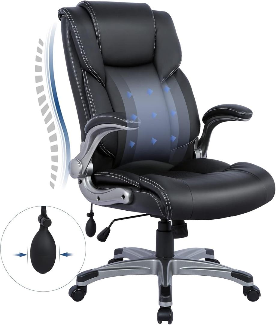 COLAMY High Back Executive Office Chair- Ergonomic Home Computer Desk Leather Chair with Padded Flip-up Arms, Adjustable Tilt Lock, Swivel Rolling Chair for Adult Working Study-Black (Set of 1)