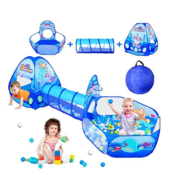 PigPigPen 3 in 1 Kids Play Tent with Tunnel, Ball Pit, Basketball Hoop for Boys & Girls, Toddler Pop Up Playhouse Toy Baby Indoor/Outdoor, Gift Year Old Child (3 Tent)