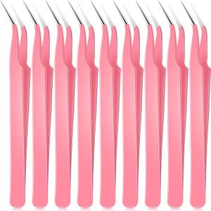 Honoson 9 Pieces Curved Pointed Craft Tweezers Stainless Steel Precision Tweezer with Protective Cover for Rhinestones Dried Flowers Craft Stickers Eyelash Extension Jewelry Making(Pink)