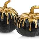 Hollyone Fall Pumpkin Decor 2 PCS Black and Gold Resin Pumpkin Fake Pumpkins for Decorating Figurines Artificial Pumpkins Centerpiece Rustic Farmhouse Halloween Table Fall Decorations for Home