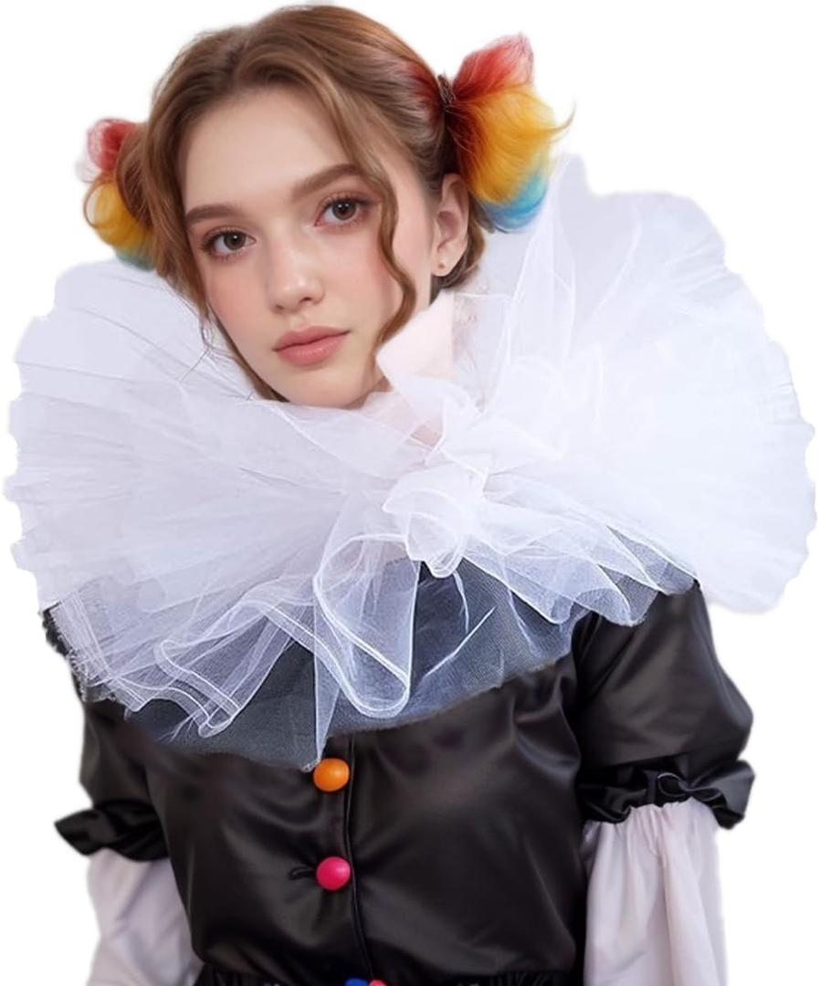 Victorian Clown Collar Renaissance Neck Ruff Retro Mesh Layered Costume Ruffle, One Size
