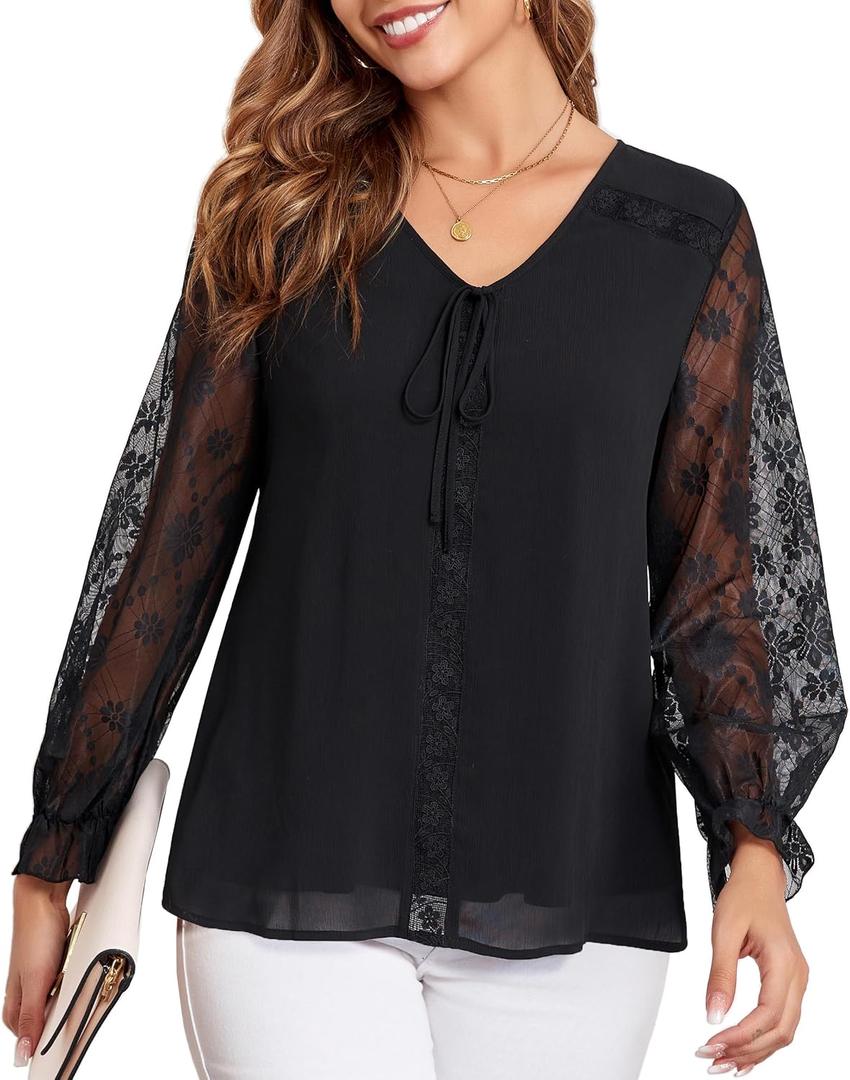 Altelime Women's Long Sleeve Drawstring Tops V Neck Dressy Casual Chiffon Blouses Elegant Double Layers Shirts (Black, XL)