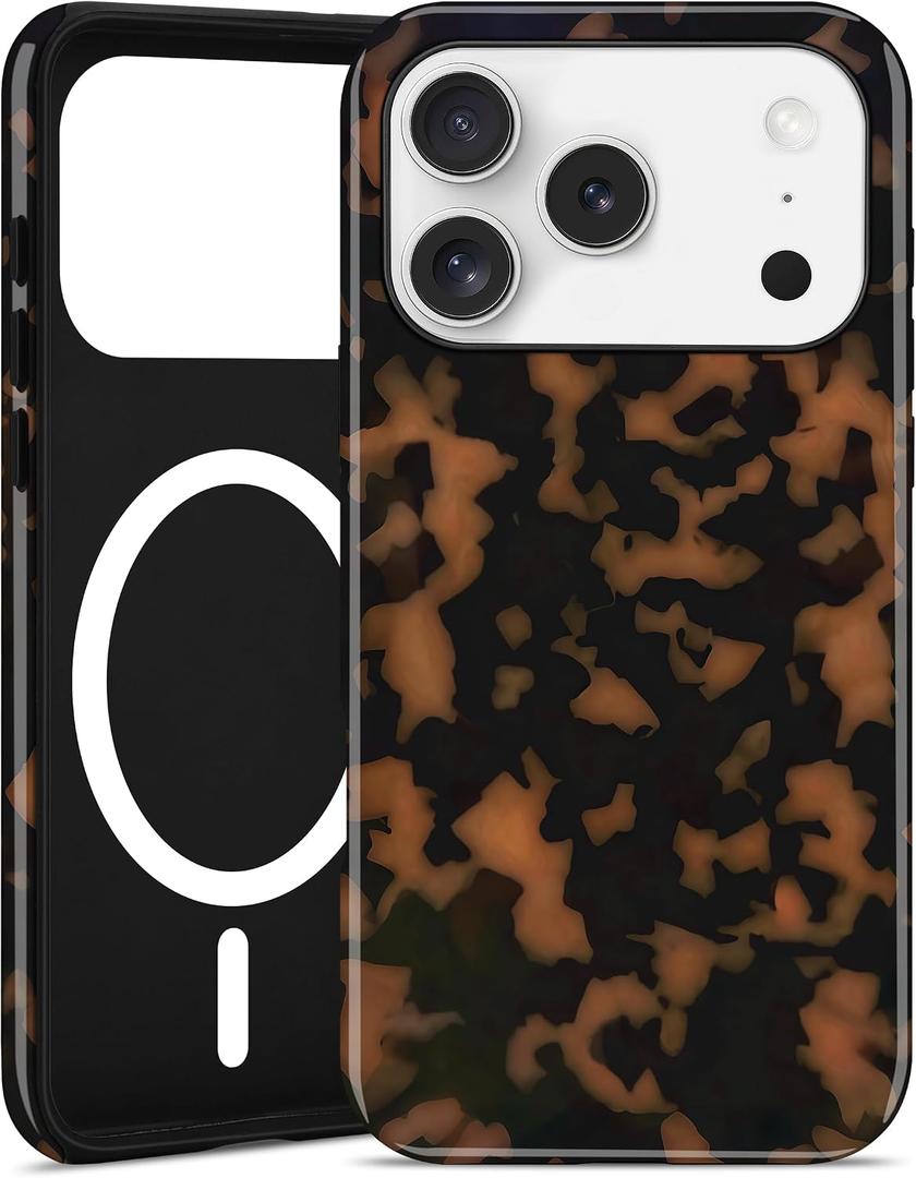 Jusy Compatible with MagSafe Brown Tortoise Shell Print Phone Case for iPhone 17 Pro Max, Amber Trendy Luxury Magnetic Soft TPU and Hard PC Protective Phone Cover for Women Girls - Yellow