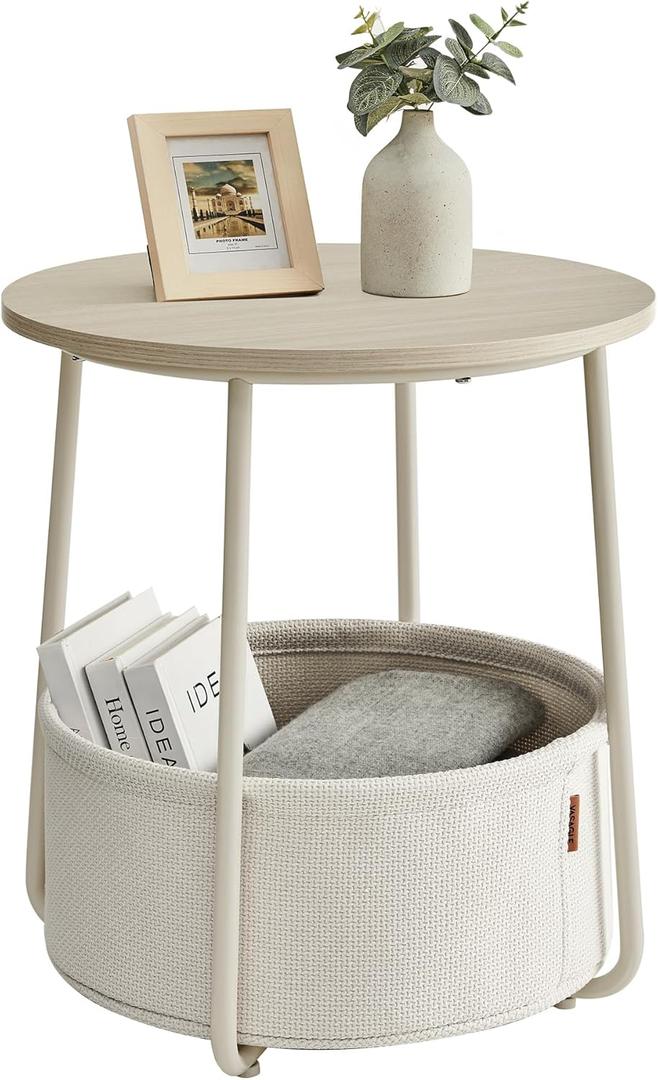 VASAGLE LILEA Collection - Small Round Side End Table, Modern Nightstand with Fabric Basket, Cream White ULET223K67 (Round + 1 pack)