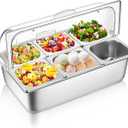 6 Pan Stainless Steel Food Serving Tray, Buffet Condiment Dispenser Display Rack with Clear Lid & 3 Freezer Boxes, for Restaurant Hotel Kitchen Party