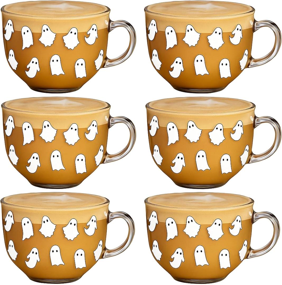 Sliner 6 Pcs Halloween Glass Coffee Mugs with Handle, 16 oz Clear Irish Coffee Mugs Halloween Ghost Footed Irish Glasses Cups for Beverages Latte Hot Chocolate(Ghost)