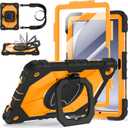 Case for Samsung Galaxy Tab A9 Plus 11 Inch 2023(SM-X210/X216/X218), Auorld Rugged Case for Samsung Galaxy A9+ Tablet with Screen Protector 360 Rotating Stand Shoulder Strap Pen Holder, Black Orange