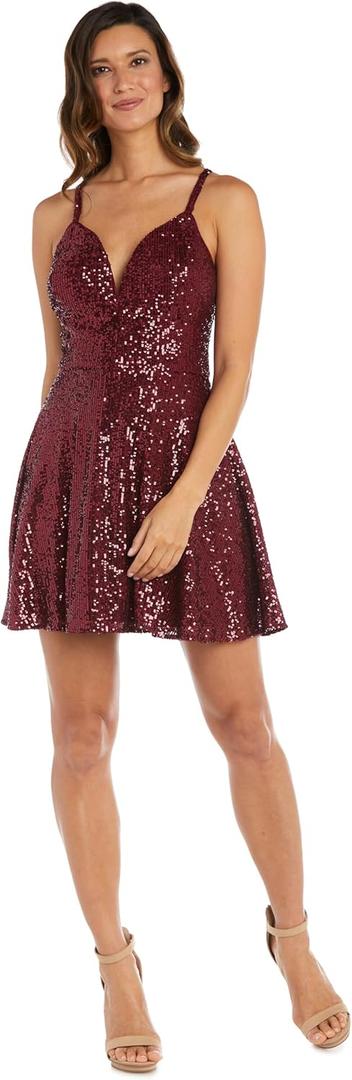Sparkling Sequin Skater Mini Dres W/Sweetheart Neckline & Spaghetti Straps (9, Merlot)