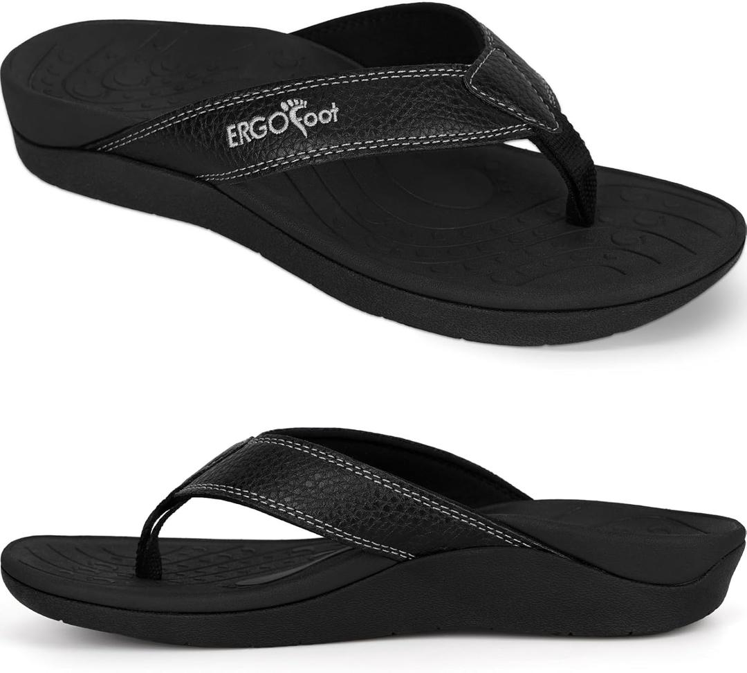 ERGOfoot Upgraded Orthotic Flip Flops with High Arch Support- Women's and Men's Thong Sandals- Walking Comfort with Orthopedic Support for Plantar Fasciitis, Flat Feet & Heel Spur- Beach Slippers by
, Size 7, Black