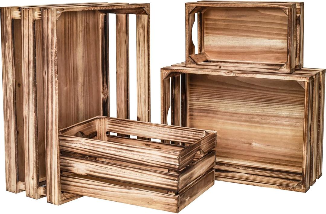 Set of 4 Large Torched Wood Decorative Storage Crates, Nesting Wooden Crates for Display Rustic, Farmhouse Wooden Storage Container Boxes Made from 100% Wood