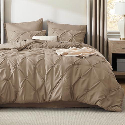 Bedsure King Size Comforter Set Khaki - Bed in a Bag Bedding Set 7 Pieces, GentleSoft™ Pintuck Bed Set Gift for Family, Pinch Pleat Khaki Comforter with Sheets, Pillowcases & Shams