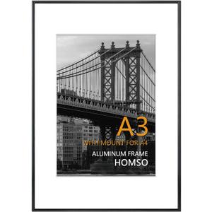 Homso A3 Frame in Black, Metal Thin Board A3 Picture Frame with Acrylic Plexiglass for Pictures A4 with Mat or 11.7 x 16.5 without Mat for Horizontal and Vertical